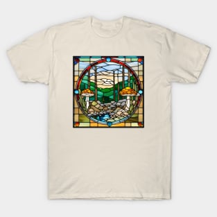 Golden Capped Mushroom Forest Stained Glass T-Shirt